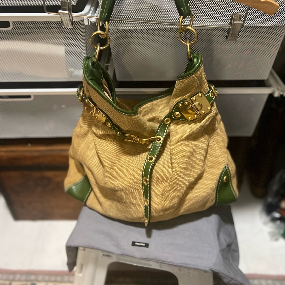 Vintage Miu Miu Woven Shoulder Tote w/ Green Leather and Gold Hardware
